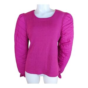 Puffed Quilted Sleeve Crewneck Raspberry Sweater